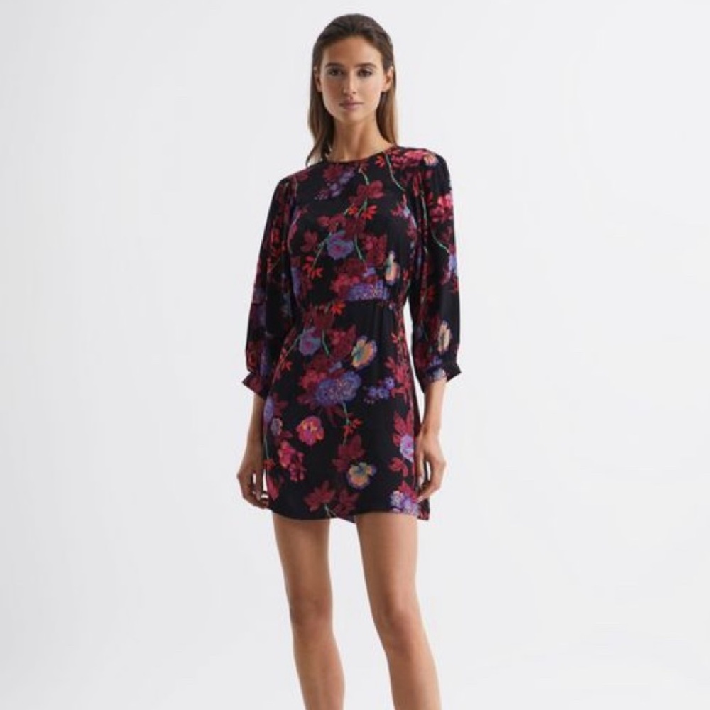 Reiss: Paulina Black/Pink Fitted Floral print Mini Dress
